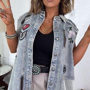 New POL Embroidered Denim Vest with Patches